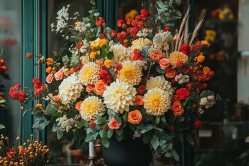 Fototapeta premium Bright floral arrangement featuring dahlias and roses in a charming flower shop during autumn