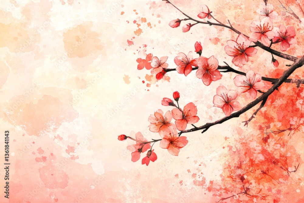 Poster cherry blossom branch in soft pink hues against a watercolor backdrop in a serene spring setting