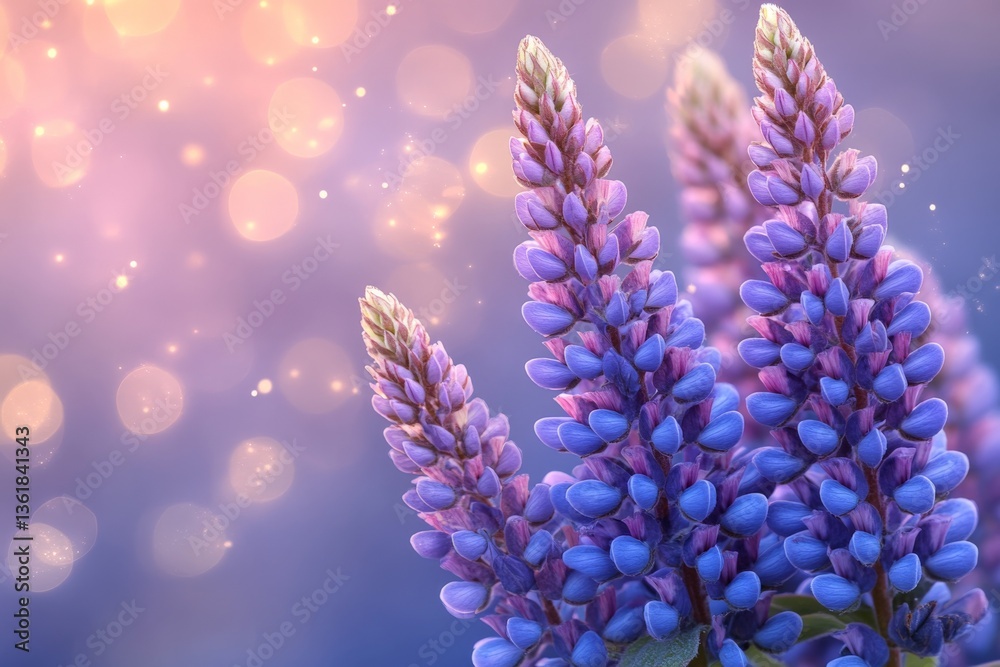 Poster vibrant purple lupines bloom under soft bokeh lights during a serene spring afternoon in a garden se