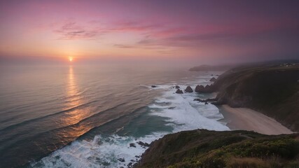 Fototapeta premium A serene coastal sunset with waves crashing against the shore, creating a tranquil atmosphere.