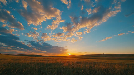 Obraz premium A scenic view of a golden sunset over a grassy field with a cloudy blue sky in the background