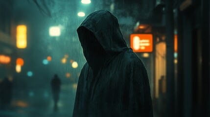 A hooded figure stands under rainfall in a vibrant urban night scene, casting a mysterious yet alluring aura.