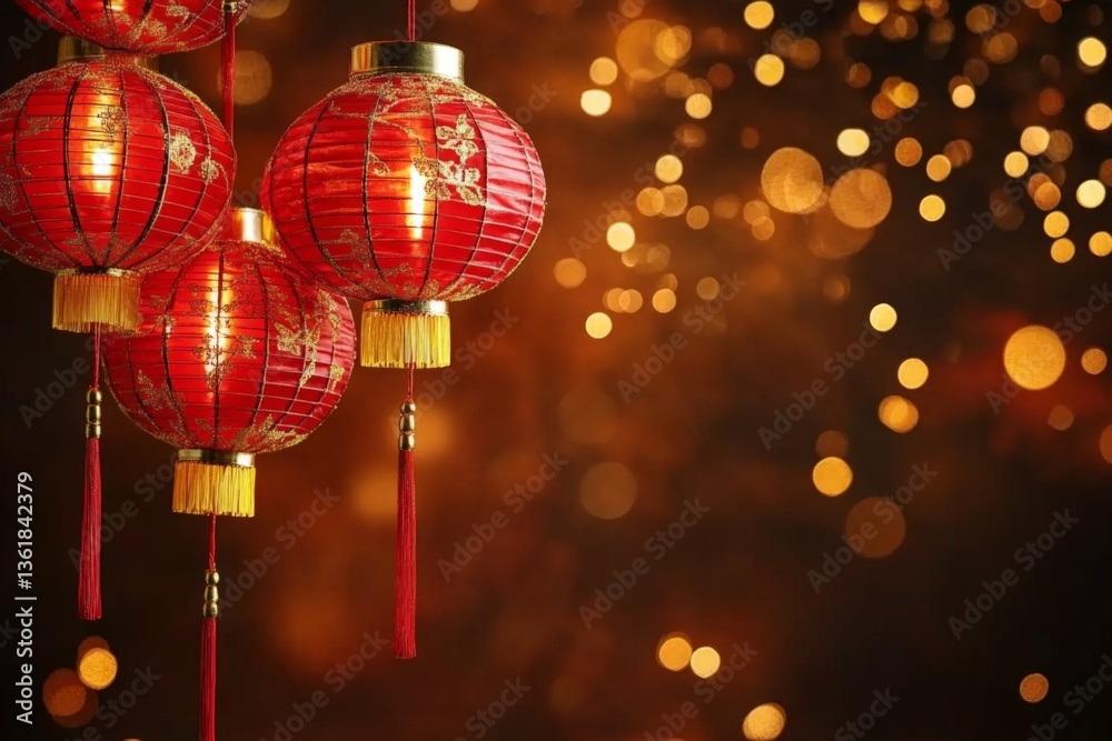 Aufkleber bright red lanterns illuminate the background with golden bokeh during a festive celebration at nigh