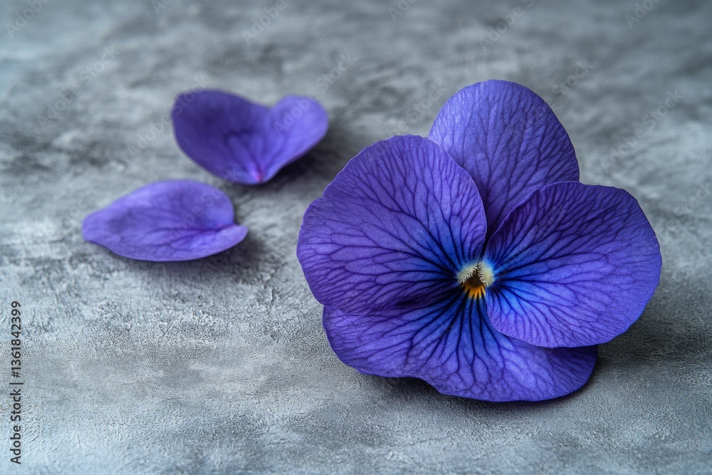 Poster purple violet flower on textured surface with nearby petals creates a serene atmosphere in a softly 