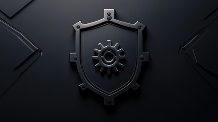Obraz premium 3D shield with gear, dark background, technology concept, digital art, protection, security, for website or presentation