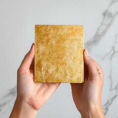 Golden leaf sample with hands, and marble.