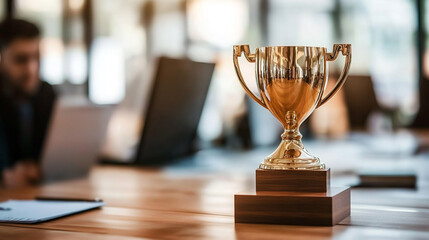 A golden trophy stands on a wooden table in an office setting with people and laptops blurred