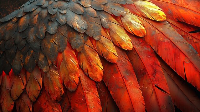 Close-up of red and gold feathers with dark weathered texture and mythic fiery tones