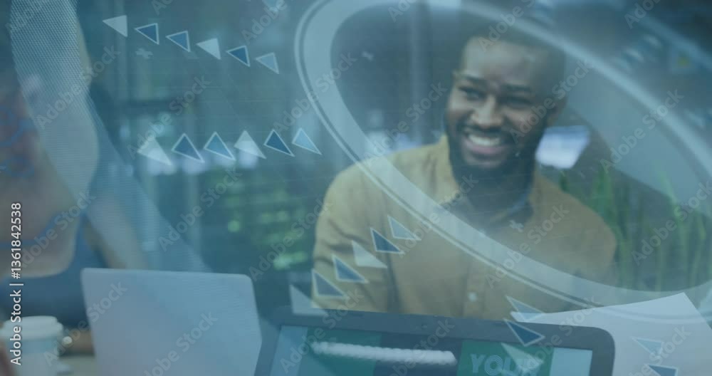 Poster smiling man working on laptop with digital data processing animation overlay
