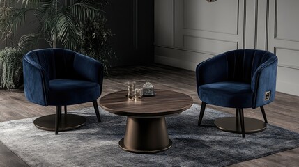 Elegant Blue Velvet Armchairs and Modern Coffee Table