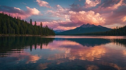 Fototapeta premium A serene lake at sunset, reflecting colorful clouds and mountains, surrounded by lush trees.
