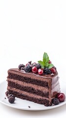 Side view of a perfect piece of delicious dark brown chocolate cake dessert on a plate decorated with green tender leaves and red berries isolated on white background