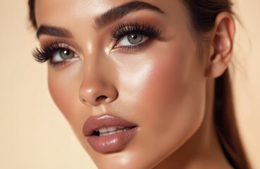 Naklejka premium Close-up of beautiful female face, perfect make-up. Model has soft baddie glam, perfectly arched brows, long fluttery lashes, smooth contour, soft mauve lip.