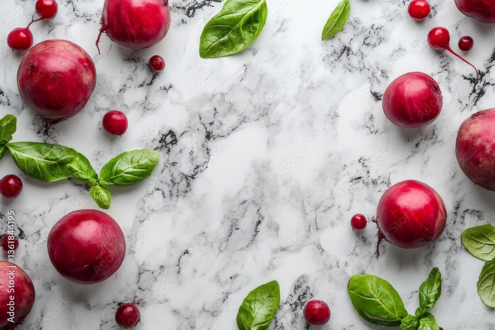 Poster fresh red plums and green basil leaves arranged on a marble surface creating a vibrant food display
