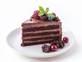 Side view of a perfect piece of delicious dark brown chocolate cake dessert on a plate decorated with green tender leaves and red berries isolated on white background