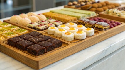 Fototapeta premium A vibrant assortment of Middle Eastern sweets presented on a wooden tray.