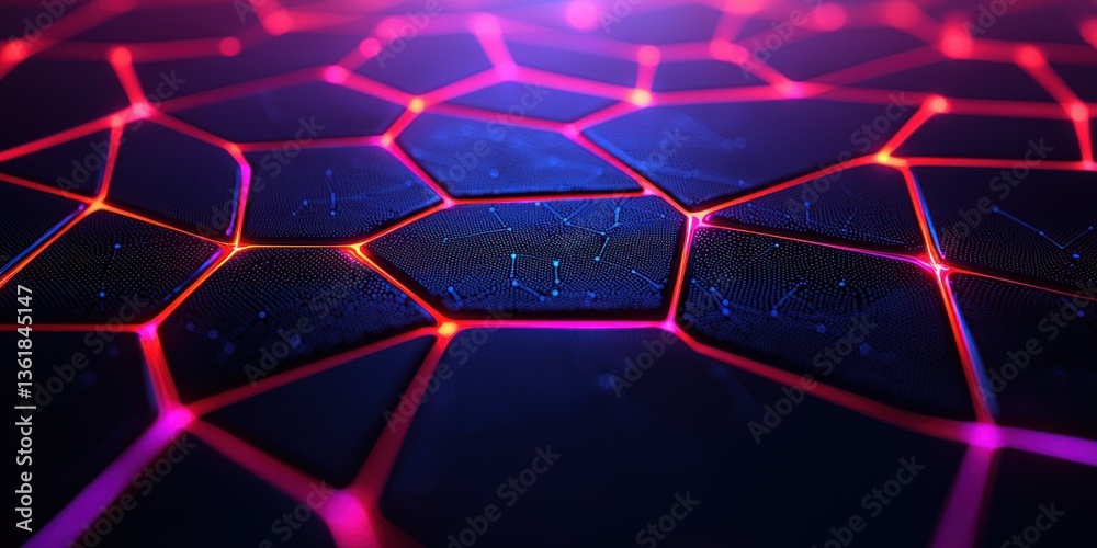 Poster Abstract Hexagonal Network Digital Technology Background with Glowing Pink and Blue Lines