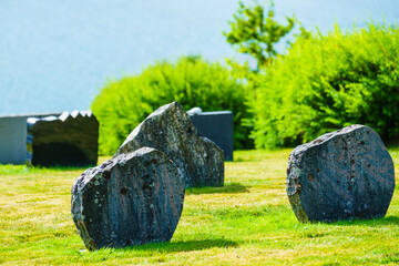 Churchyard in Nes village at fjord, Norway