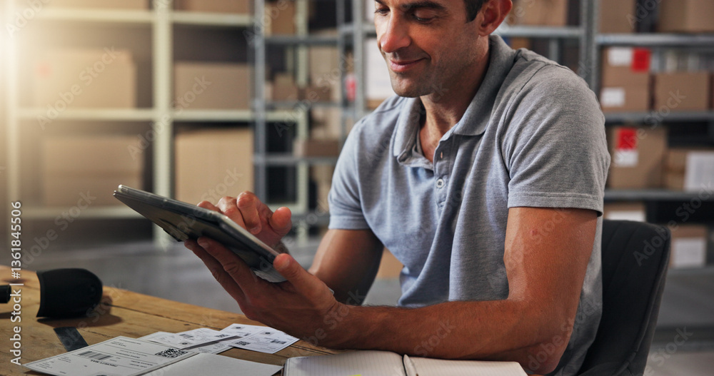 Poster online order, smile and supply chain with man in distribution center for schedule or update. boxes, 