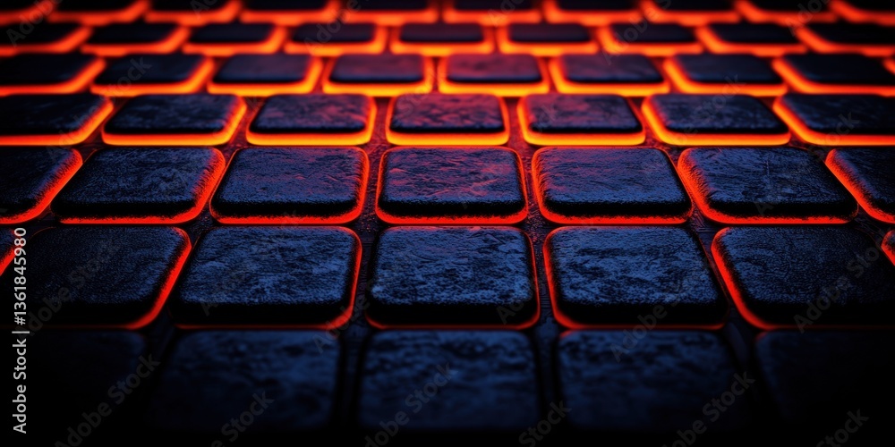 Poster Glowing Red Lines on Dark Square Tiles Abstract Background Texture