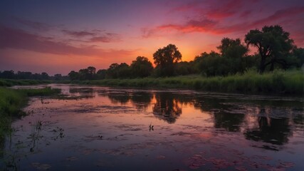 Obraz premium A serene river landscape at sunset, reflecting vibrant colors and lush greenery.