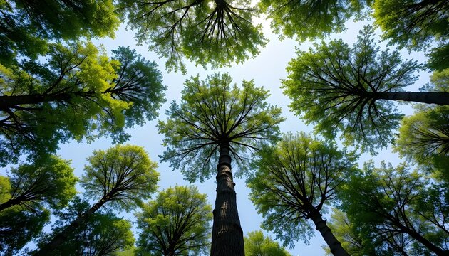 Looking Up at Lush Green Tree Tops Against Clear Sky

 - Powered by Adobe