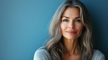 Naklejka premium A middle-aged woman with long gray hair radiates tranquility while smiling gently. She is positioned in front of a deep blue background, highlighting her serene demeanor and confident expression
