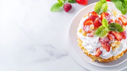 Delectable Strawberry Dessert: A mouthwatering strawberry shortcake, adorned with luscious whipped cream, fresh strawberries, and a sprig of mint, on a plate.