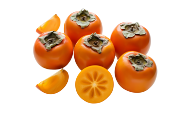 A photorealistic view of persimmons, some whole and some sliced crosswise to reveal their star-like patterns, arranged on a transparent background