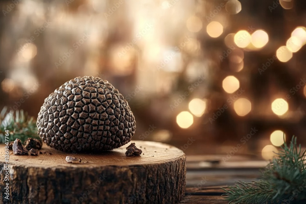 Poster beautifully textured pinecone resting on wooden surface with warm bokeh background