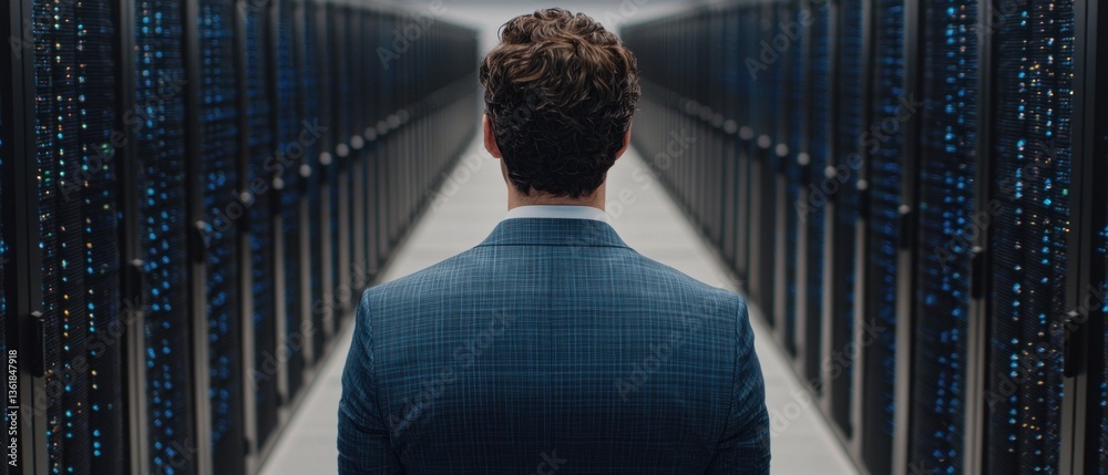 Poster Man in Suit Walking Through Modern Data Center Server Room A Businessman Strolling Down the Aisle of High Tech Servers