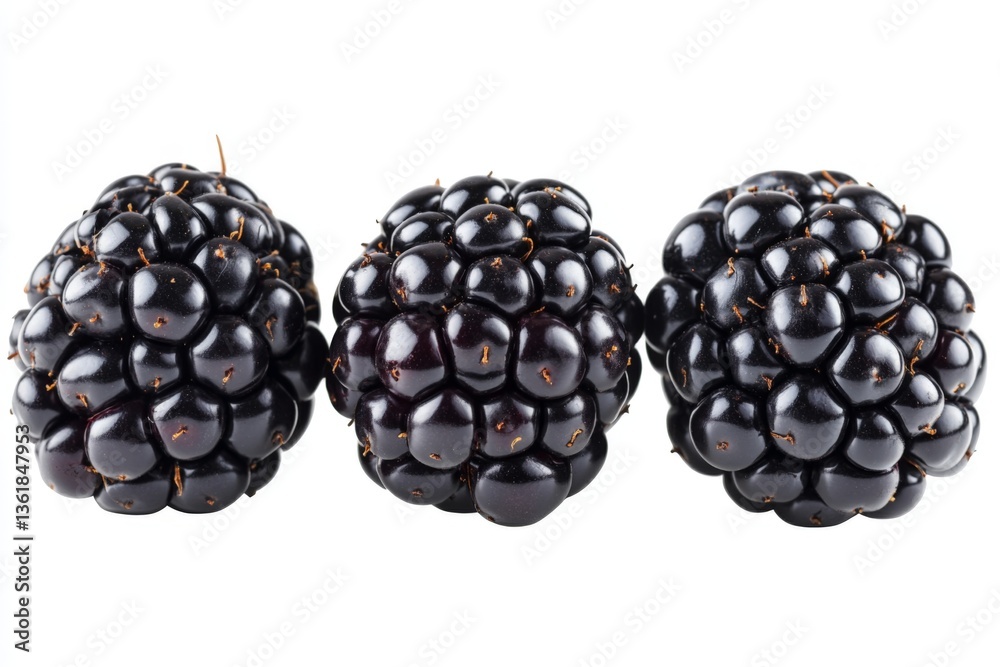 Poster Fresh blackberries arranged in a row showcasing their glossy texture and rich color