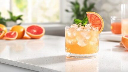 Grapefruit Delight: A refreshing grapefruit cocktail, garnished with a slice of grapefruit and mint, sits on a sleek surface, evoking feelings of relaxation and indulgence.