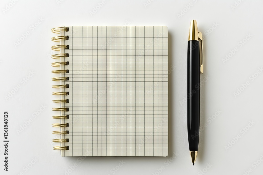 Poster blank notebook and pen ready for writing ideas at a clean workspace