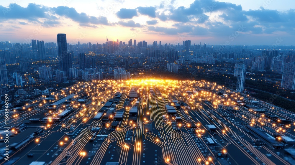 Aufkleber smart city at sunset illuminated circuit board representing urban technology and infrastructure