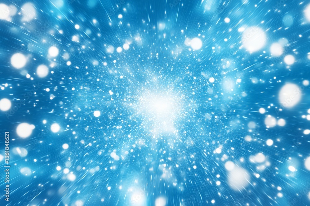 Poster bright white light radiates among blue particles creating a dynamic celestial effect in space