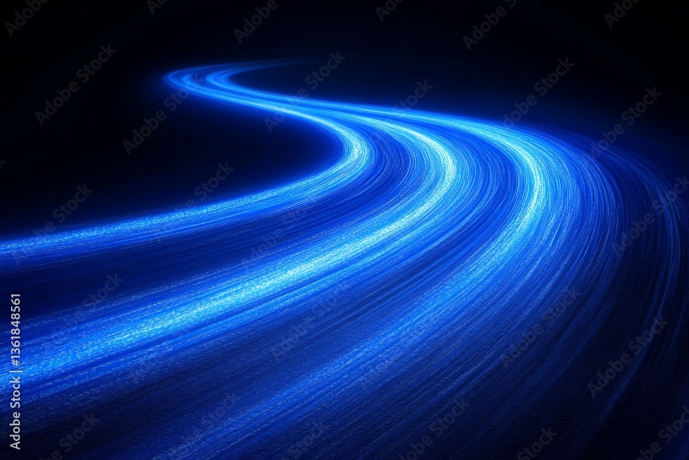 Poster Curving blue light trails create a dynamic and abstract pattern against a dark background at night