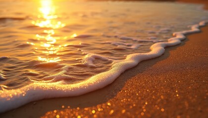 Golden beach sand with water wave during sunset. Reflection of sun on the water. Warm, calm ocean sea view. Shiny, beautiful, peaceful nature, vacation mood, travel.