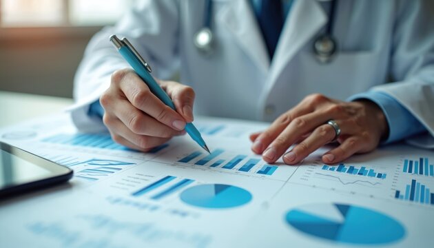 Doctor analyzes medical charts graphs for healthcare data analytics. Healthcare pro works with hospital data, interprets stats, makes medical report using pen. Finance, business, economy.