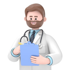 3D illustration of Male Doctor Iverson holds blue clipboard. Professional caucasian male specialist.Supports PNG files with transparent backgrounds.