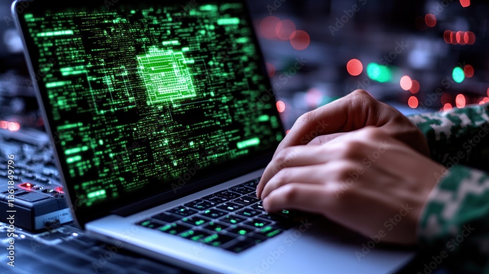 Poster Person Typing Code on Laptop with Green Screen Displaying Digital Data and Algorithms
