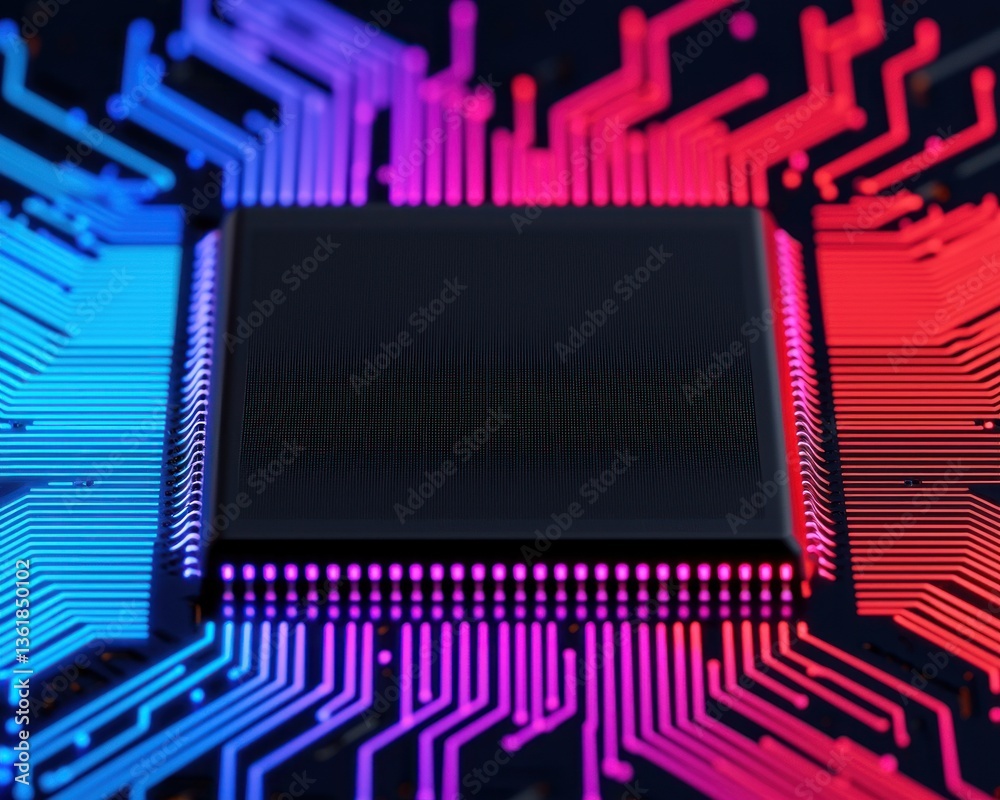 Aufkleber Close up View of a Modern Microchip Circuit Board with Neon Lights High Tech Digital Technology Background