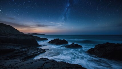 Obraz premium A serene night scene of the ocean under a starry sky, capturing the beauty of nature.