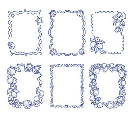Set frame of citrus lemon fruits, flowers, leaves, ribbon bows. Hand drawn blue ink summer holiday wreaths. Vintage Italian background. Marine border collection of wavy lines, sea stars, shell