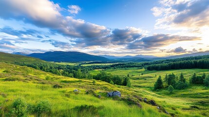 Obraz premium Sunset Over Lush Meadow And Mountains