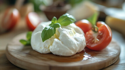 Close up of burrata cheese with basil and tomatoes on a wooden board in a well lit environment