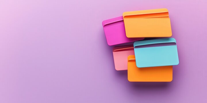 financial benefits budget optimization concept. Colorful card holders on a vibrant purple background.