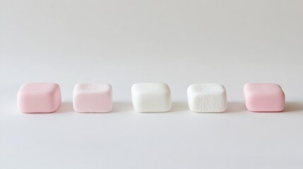 Row of pink and white square candies on a plain background.  Possible use for food blog or packaging design