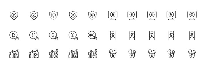 Minimalist icon set featuring shield, person, money, and plant designs