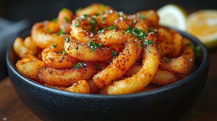 a portion of seasoned curly fries
